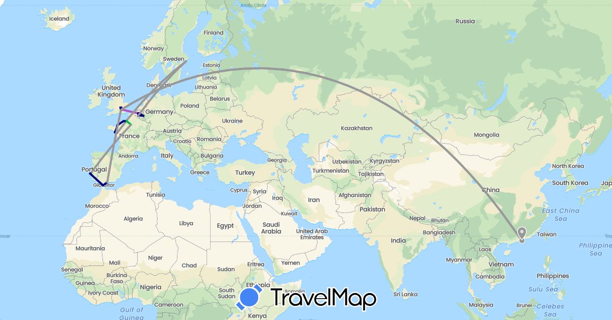 TravelMap itinerary: driving, bus, plane, train in Belgium, China, Spain, France, United Kingdom, Netherlands, Portugal, Sweden (Asia, Europe)